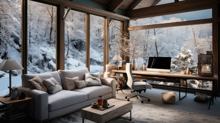 A home office with a view of a snowy landscape,の素材