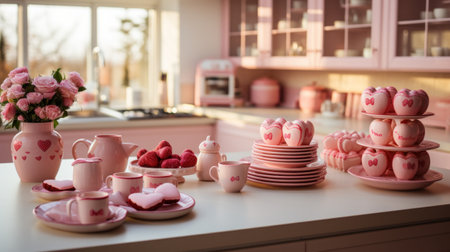 A kitchen decorated with heart-shaped cookie cutters, red and pink utensils,の素材