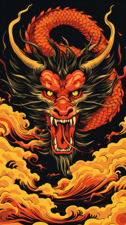 A fierce red and black Chinese dragon,の素材