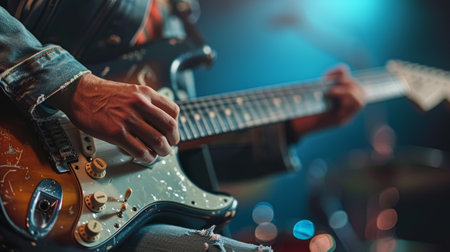 A dynamic image of a person playing guitar, captured mid-performance with passion.の素材