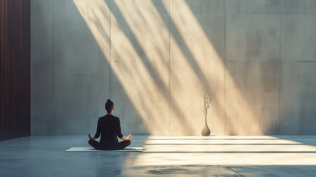 A calm and still person meditating in a minimalist interior.の素材