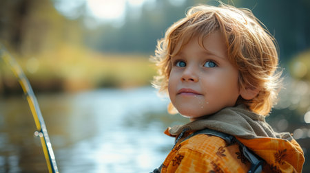 A child's amazement at catching their first fish, a mix of pride and awesome in their eyes.の素材
