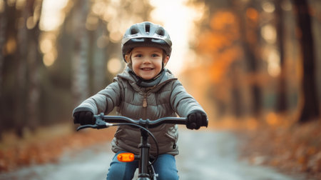 A child's proud moment, riding a bicycle without training wheels for the first time.の素材