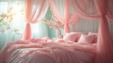 A canopy bed draped with blush pink curtains, inviting cozy bedtime stories and peaceful slumber.の素材