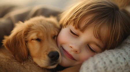 A child and a puppy, sharing a moment of unconditional love and companionship.の素材
