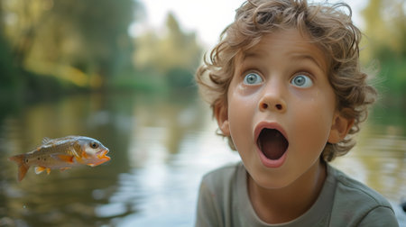A child's amazement at catching their first fish, a mix of pride and awesome in their eyes.の素材