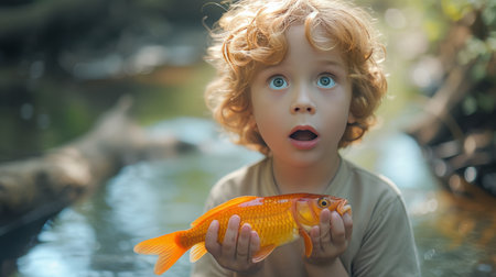 A child's amazement at catching their first fish, a mix of pride and awesome in their eyes.の素材