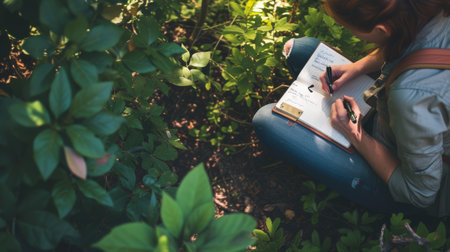 A candid image of a person journaling outdoors, embracing nature as a backdrop for reflection and growth.の素材