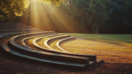 A serene outdoor amphitheater, bathed in soft light, ready to host an evening of enchanting performances.の素材