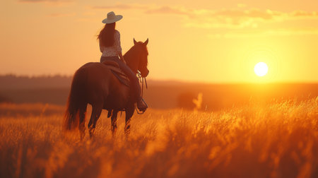A serene moment captured between a rider and her horse, their connection palpable in their relaxed demeanor.の素材