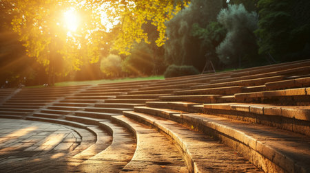 A serene outdoor amphitheater, bathed in soft light, ready to host an evening of enchanting performances.の素材