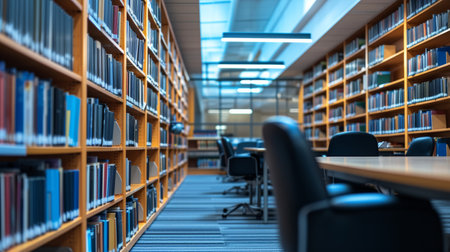 A study area in the library, equipped with spacious desks and ergonomic chairs for focused learning.の素材