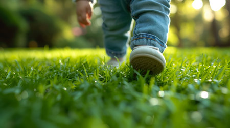 A toddler's first steps on a grassy field, with outstretched hands reaching for balance.の素材