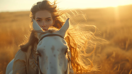 A rider and her horse galloping through an open field, wind tousling their hair and mane.の素材