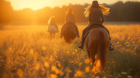 A rider and her horse galloping through an open field, wind tousling their hair and mane.の素材