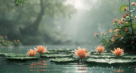 a pond with water lilies and plants, in the style of hazy, dreamlike quality, light gray and orange.の素材