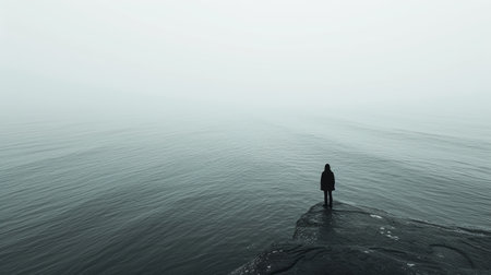 A small figure standing at the edge of the ocean, contemplating the vastness with curiosity and awe.の素材