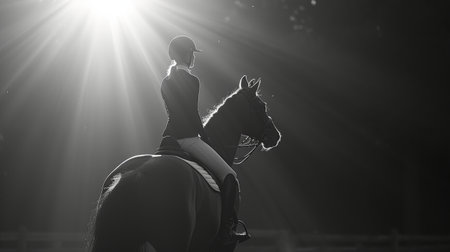 A serene moment captured between a rider and her horse, their connection palpable in their relaxed demeanor.の素材