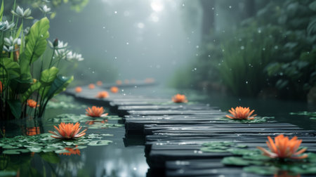 a pond with water lilies and wood walkways with flowers.の素材