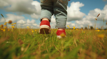 A toddler's first steps on a grassy field, with outstretched hands reaching for balance.の素材
