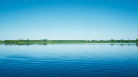 A tranquil lake reflecting the clear blue sky, creating a sense of serenity and inner peace.の素材