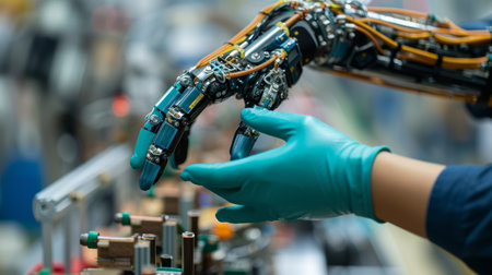 A pair of gloved hands meticulously assembling a robotic arm.の素材