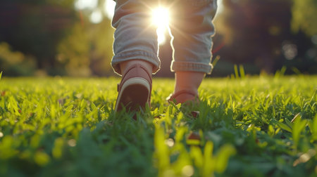 A toddler's first steps on a grassy field, with outstretched hands reaching for balance.の素材