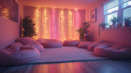 A cozy reading nook nestled in a corner, complete with pink bean bags and fairy lights for a cozy retreat.の素材