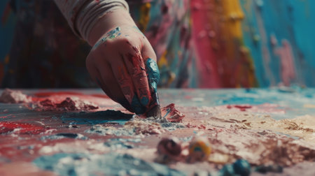 A detailed capture of a person engaged in creative expression, such as painting or sculpting.の素材