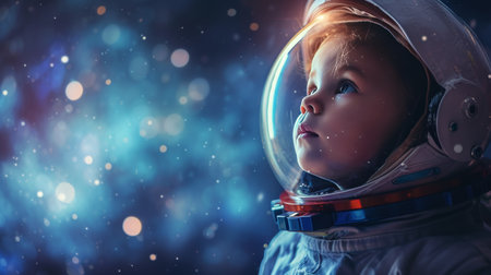 A little one dressed as an astronaut, dreaming big dreams of space and beyond.の素材