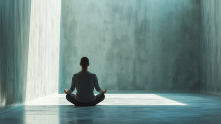 A calm and still person meditating in a minimalist interior.の素材