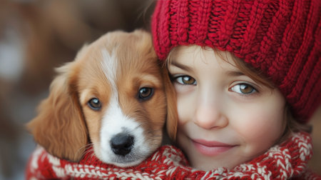 A child and a puppy, sharing a moment of unconditional love and companionship.の素材