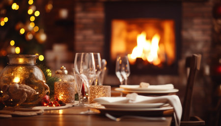 a christmas table setting with a fireplace in a background,の素材