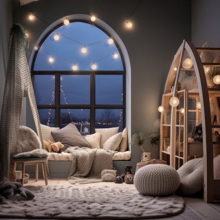 A child's bedroom with playful winter decorations and a cozy reading corner,の素材