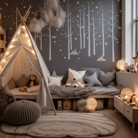 A child's bedroom with playful winter decorations and a cozy reading corner,の素材
