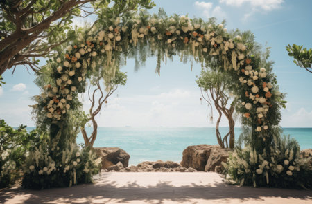 wedding ceremony and archway with tropical tree and flower, coastal scenery,の素材
