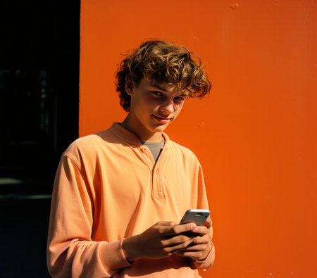 young man holding his smart phone, loose gestures, orange,の素材