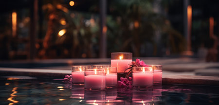 two candles sitting right next to a pool,の素材