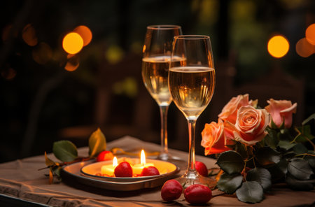 two glasses of champagne at a romantic table with candles and red rose,の素材