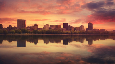 A breathtaking photo of a city skyline at sunset, with warm spring colors painting the skyの素材