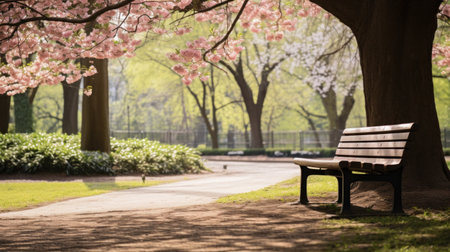 A peaceful image of a lone park bench nestled among blooming trees and lush greenery,の素材