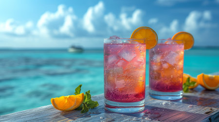 Coastal-inspired cocktails set against a simple background evoke the serenity of seaside living.の素材
