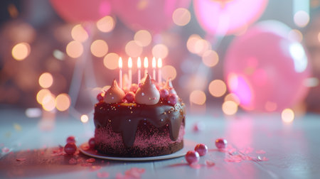 childish chocolate birthday cake with candles on white floor in the foreground.の素材