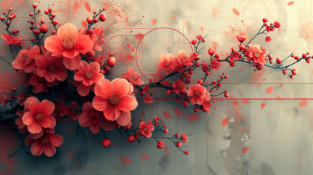 Abstract composition with floral and geometric elements, offering a unique and captivating aesthetic.の素材