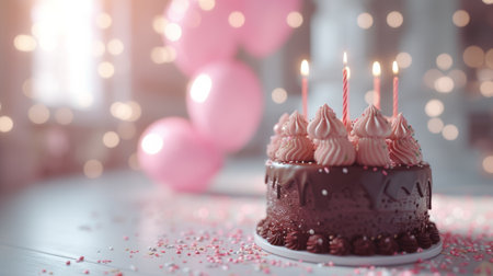 childish chocolate birthday cake with candles on white floor in the foreground.の素材
