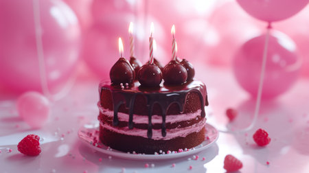 childish chocolate birthday cake with candles on white floor in the foreground.の素材