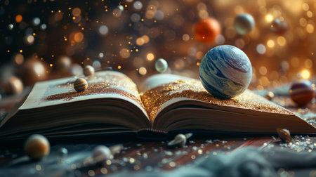 An open book on astronomy, surrounded by models of planets, inviting exploration of the cosmos.の素材