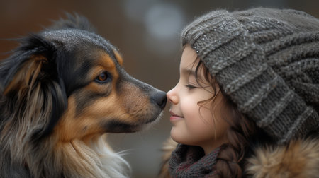 A young girl with radiant smile, patting the neck of her loyal companion with affection.の素材