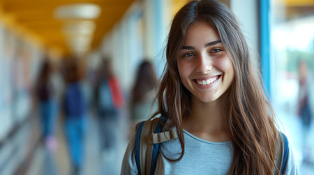 The young student's infectious smile lights up the frame, exuding positivity and happiness.の素材