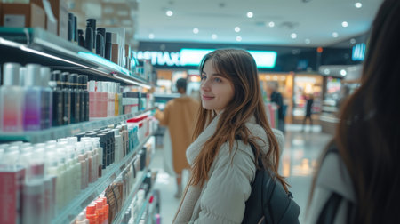 Beautiful young saleswoman helps a buyer choose cosmetics in a large cosmetics store large copyspace area.の素材